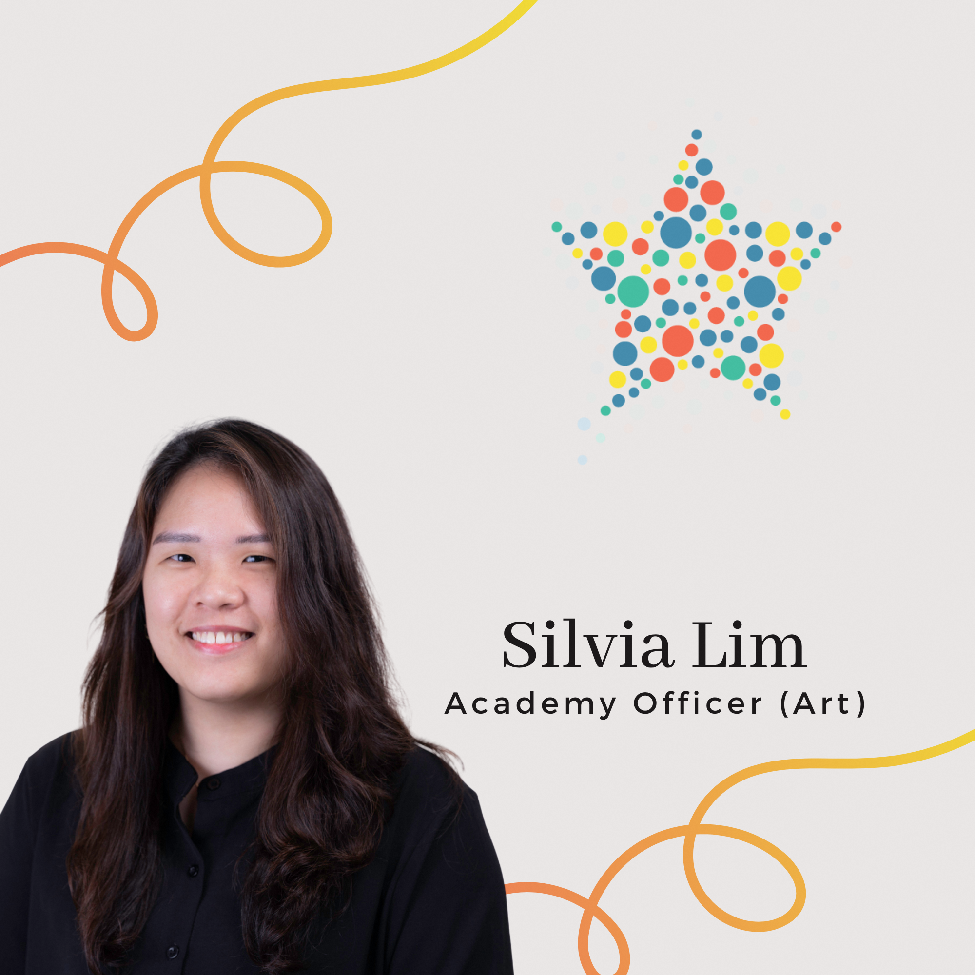 Profile photo of Silvia Lim, Academy Officer (Art). A portrait of her with long dark hari, smiling at the camera and wearing a black top.